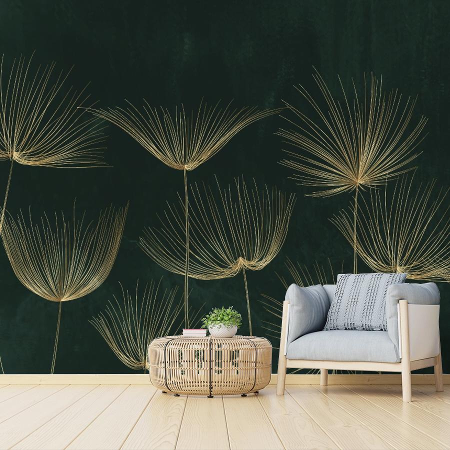 фотообои цветы золотистые на зеленом 14-1288