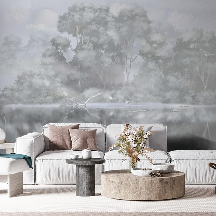 фотообои лес серый отражение в воде 13-970