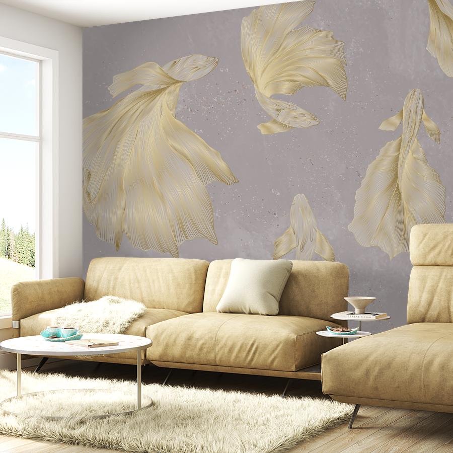 фотообои рыбки золотые на сером в гостиную 14-1278