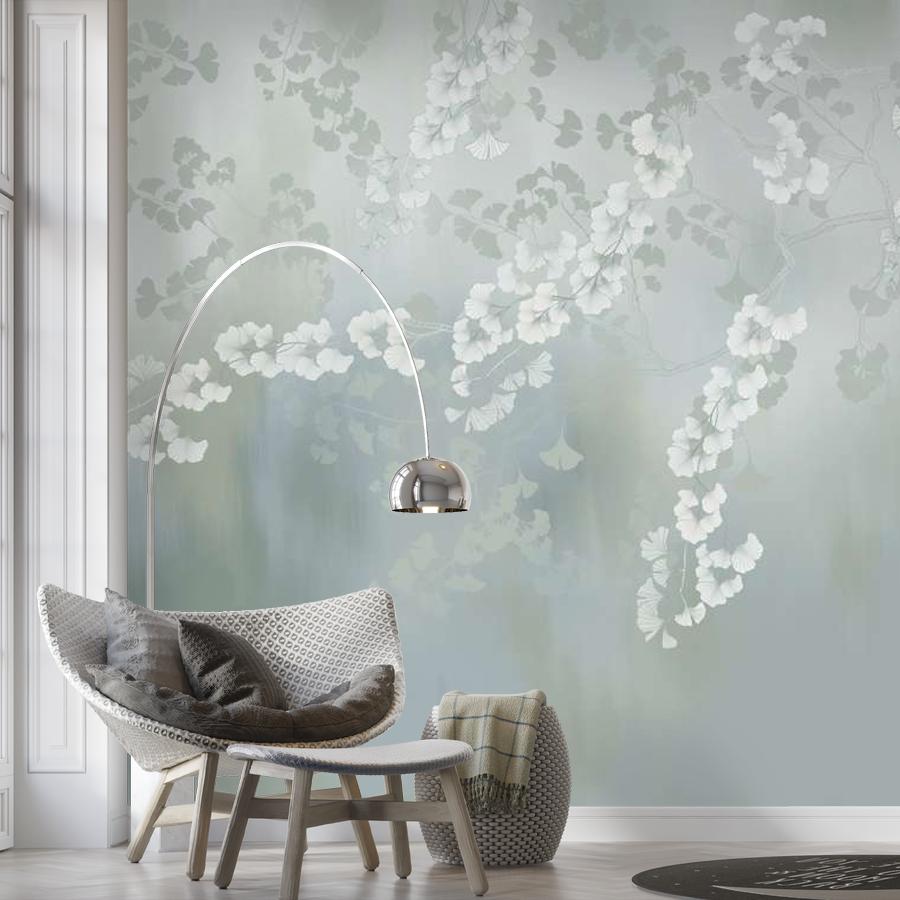 фотообои нежные ветви на мятном фоне 13-1003