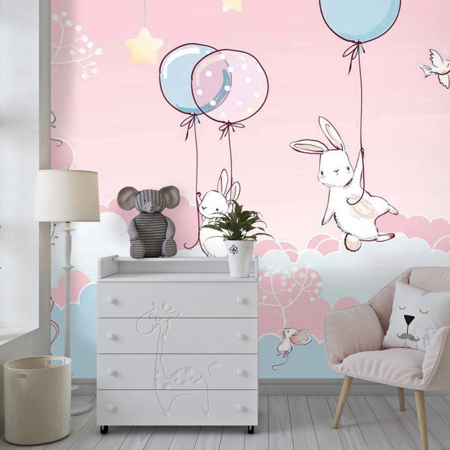 фотообои зайцы и мыши летят на шарах на розовом фоне 12-409