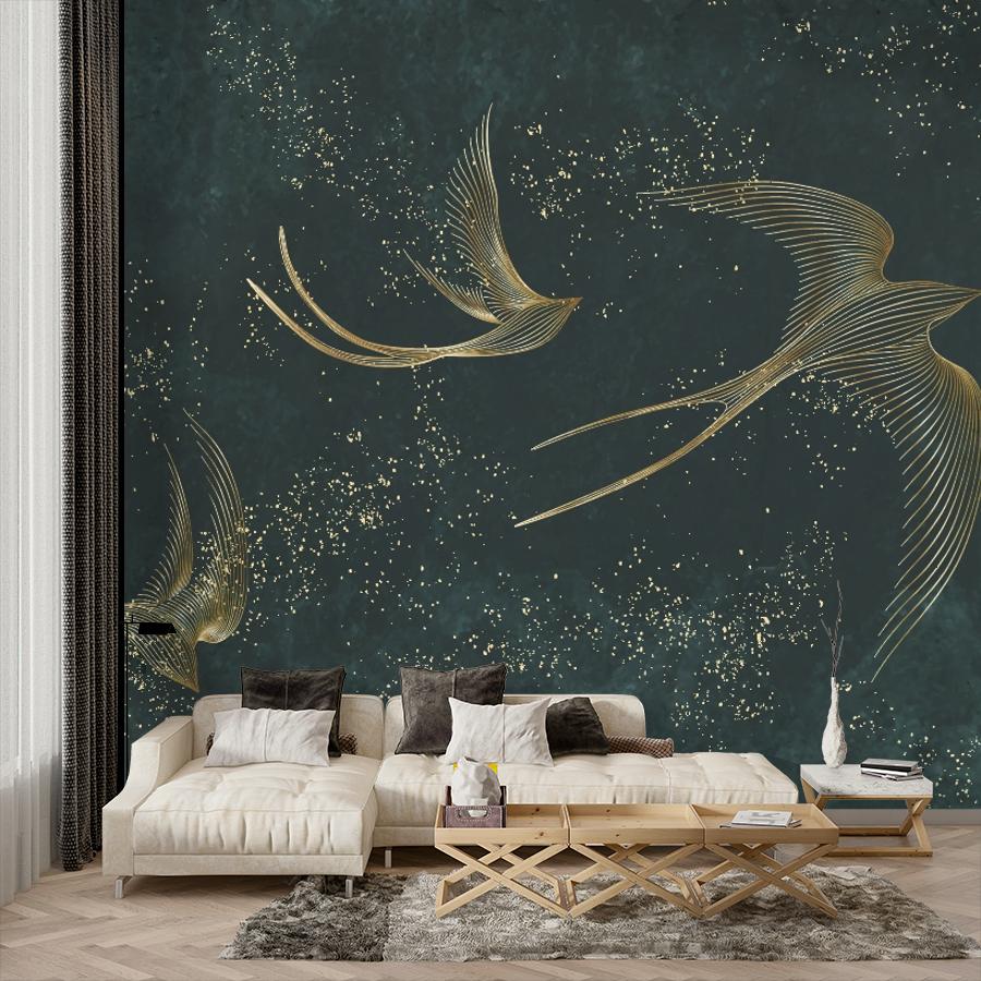 фотообои золотистые ласточки на зеленом фоне 14-1226