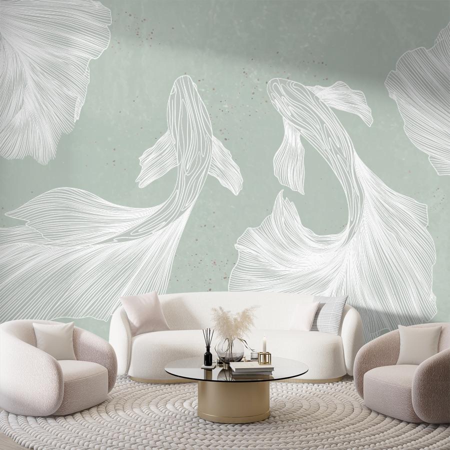 фотообои рыбы белые на зеленом фоне 14-1272