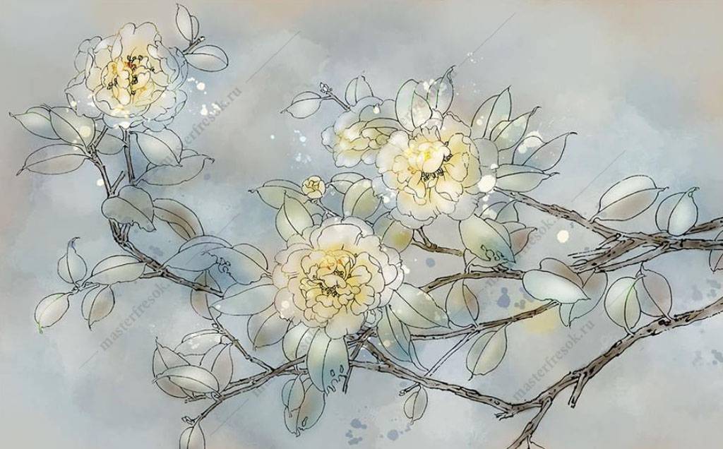 объемные цветы на ветке 15-975