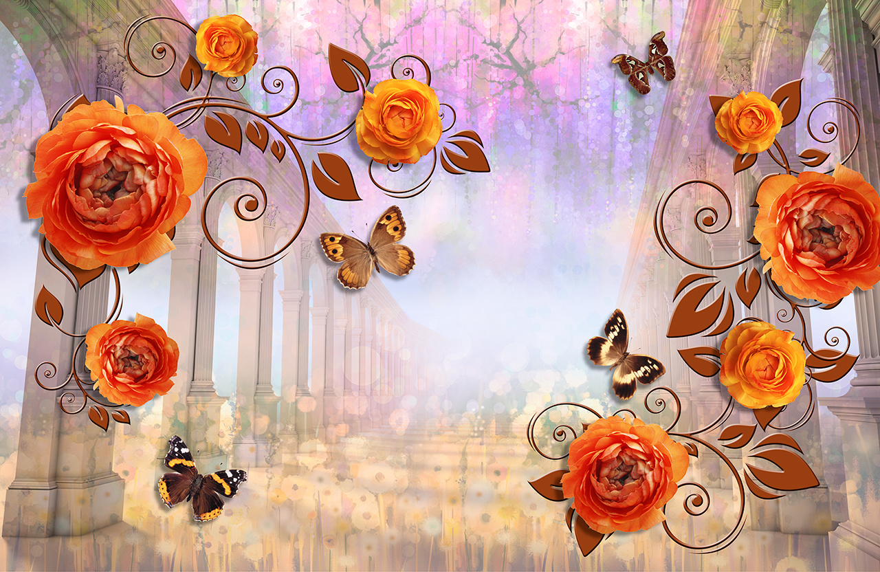 Фотообои 3д с цветами и бабочками