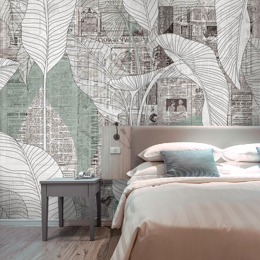 фотообои старая газета и тропические листья 9-1246