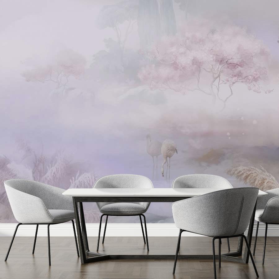 фотообои розовые деревья и фламинго