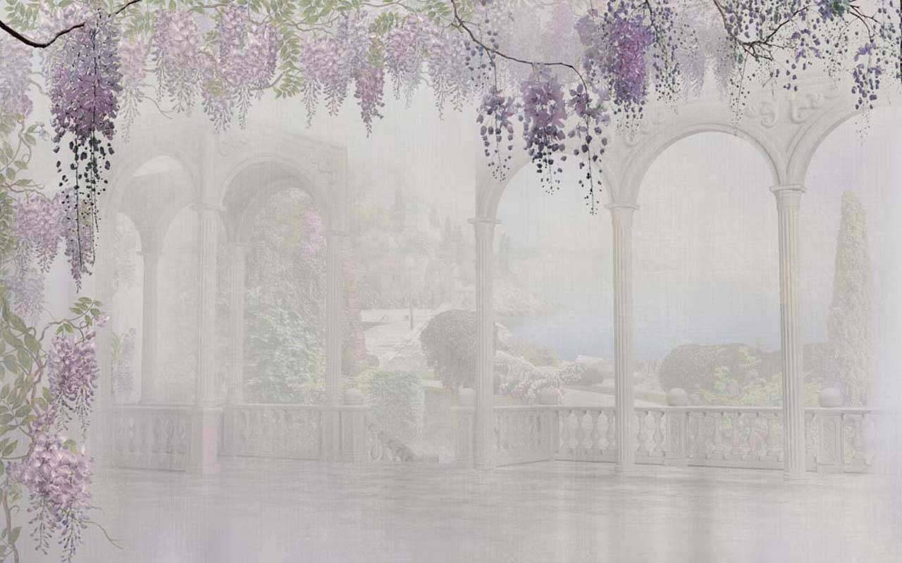 Фотообои Сиреневые грозди над арками в дымке
